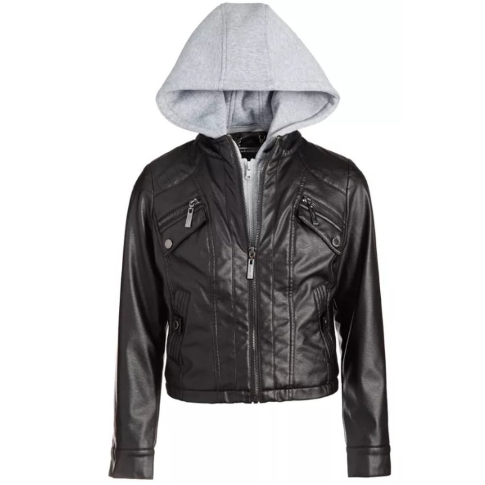 Jou Jou Girls Faux Leather Moto Jacket Faux Fur Lining & Removable Hood - Small